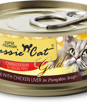 Fussie Cat Super Premium Fórmula de pollo e hígado de pollo en sopa de calabaza Comida húmeda para gatos sin cereales
