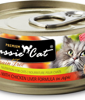 Fussie Cat Fórmula premium de atún con hígado de pollo en comida húmeda para gatos sin cereales Aspic